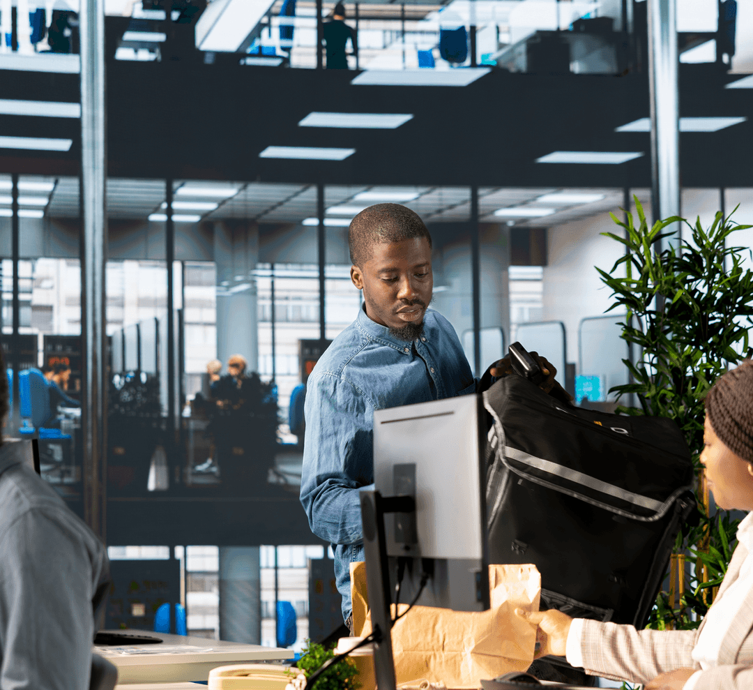 Team members collaborating in a modern workspace