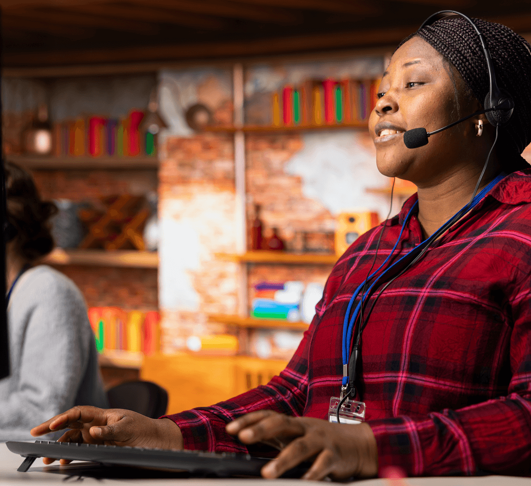 Customer support representative wearing a headset